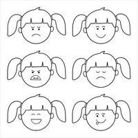 Hand drawn kids drawing girl faces with different emotions flat cartoon isolated set vector