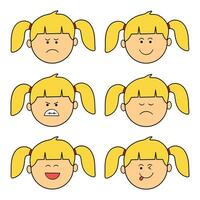 kids drawing girl faces with different emotions flat cartoon isolated set vector