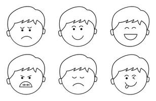 Hand drawn kids drawing boy faces with different emotions flat cartoon isolated set vector