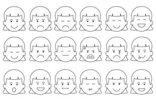 Hand drawn kids drawing A collection of adorable facial girl expressions flat cartoon isolated set vector