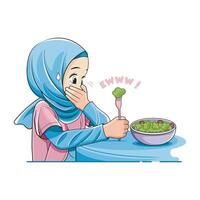 sano alimento. linda pequeño niña en hijab cubierta boca y negarse a comer vegetales. vector ilustración