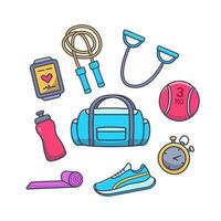 Sport and gym equipment, sport item arround gym bag, running shoes, jumping rope, mat vector