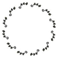 Simple round empty frame with hand drawn branches. Perfect for sticker, card, poster. Freehand doodle isolated vector illustration.