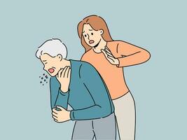 Woman performs heimlich maneuver for choking old man who needs help due to airway obstruction vector