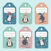 Vector Christmas Tags Collection in Pastel Colors with Cute Animals. Set of Posters with Cartoon Penguins Playing and Enjoying the Winter. New Year Concept