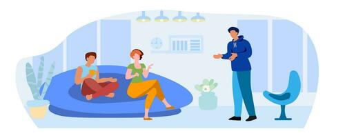 Young guy and girl are sitting in the living room on the couch. vector