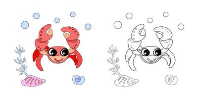 Coloring book Crab with shells, bubbles and algae in the ocean. For posters, prints on clothes. vector