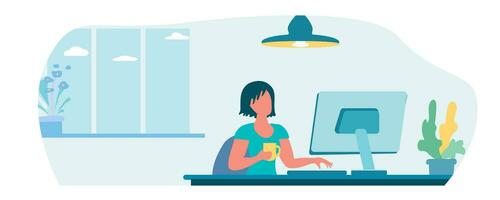 Girl working on computer, webinar, cartoon flat vector illustration