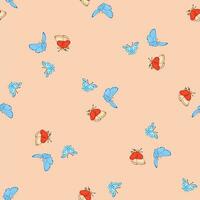 Seamless pattern. Red and blue butterflies on a peach background. Vector