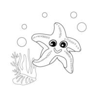 Coloring book Starfish with bubbles and algae in the ocean. For posters, prints on clothes. vector