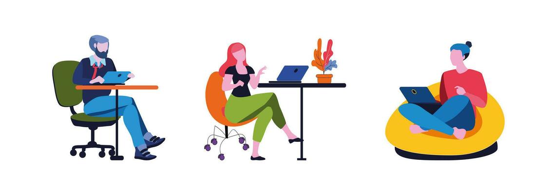 Office workers. Distant work. Bright vector illustration.