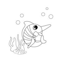 Coloring book Swordfish with bubbles and algae in the ocean. For posters, prints on clothes. vector