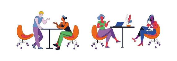 Set workers in a comfortable workplace. Distant work. vector illustration.