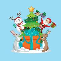 Christmas tree with cute rabbit,Santa Claus with Snowman and Christmas tree vector