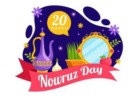 contento nowruz día vector ilustración. Traducción persa nuevo año, en 20 marzo con vaso, pez, adornos huevos y césped semeni en plano antecedentes