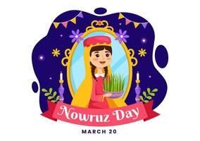 contento nowruz día vector ilustración. Traducción persa nuevo año, en 20 marzo con vaso, pez, adornos huevos y césped semeni en plano antecedentes