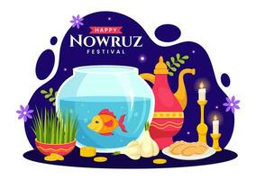 Happy Nowruz Day Vector Illustration. Translation Persian New Year, on 20 March with Glass, Fish, Ornaments Eggs and Grass Semeni in Flat Background