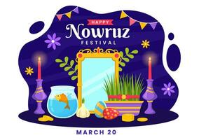 contento nowruz día vector ilustración. Traducción persa nuevo año, en 20 marzo con vaso, pez, adornos huevos y césped semeni en plano antecedentes