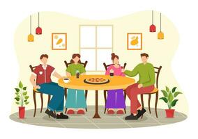 Double Date Vector Illustration with Two Couples who were Eating and Drinking Together in a Restaurant in Flat Cartoon Background Design