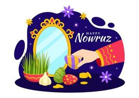 contento nowruz día vector ilustración. Traducción persa nuevo año, en 20 marzo con vaso, pez, adornos huevos y césped semeni en plano antecedentes