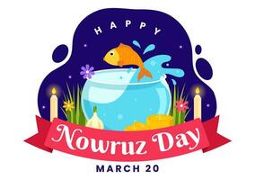 contento nowruz día vector ilustración. Traducción persa nuevo año, en 20 marzo con vaso, pez, adornos huevos y césped semeni en plano antecedentes