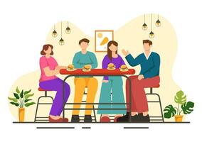 Double Date Vector Illustration with Two Couples who were Eating and Drinking Together in a Restaurant in Flat Cartoon Background Design