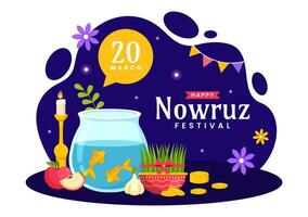 contento nowruz día vector ilustración. Traducción persa nuevo año, en 20 marzo con vaso, pez, adornos huevos y césped semeni en plano antecedentes