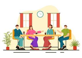 Double Date Vector Illustration with Two Couples who were Eating and Drinking Together in a Restaurant in Flat Cartoon Background Design