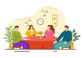 Double Date Vector Illustration with Two Couples who were Eating and Drinking Together in a Restaurant in Flat Cartoon Background Design