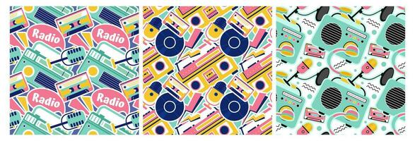 Set of Radio Seamless Pattern Illustration Design with Player for Record and Listening to Music in Flat Cartoon Template vector