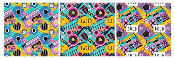 conjunto de radio sin costura modelo ilustración diseño con jugador para grabar y escuchando a música en plano dibujos animados modelo vector