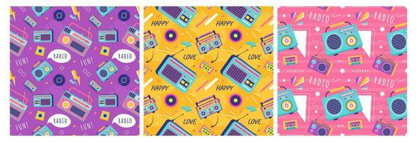 Set of Radio Seamless Pattern Illustration Design with Player for Record and Listening to Music in Flat Cartoon Template vector