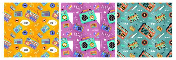 Set of Radio Seamless Pattern Illustration Design with Player for Record and Listening to Music in Flat Cartoon Template vector