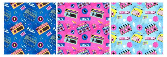 conjunto de radio sin costura modelo ilustración diseño con jugador para grabar y escuchando a música en plano dibujos animados modelo vector