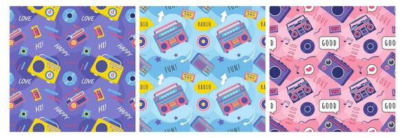 Set of Radio Seamless Pattern Illustration Design with Player for Record and Listening to Music in Flat Cartoon Template vector