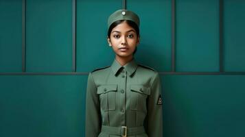 AI generated a female officer, likely in military or police uniform, standing in front of a blue wall. She is the main subject in the photo and appears to be posing in a formal and professional manner.