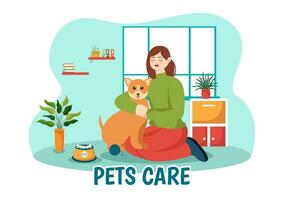 Pets Care Vector Illustration with Animal Shelter or Vet Clinic for Taking Care of Dog or Cat in Healthcare Flat Cartoon Background Design