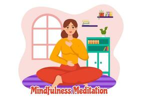 Mindfulness Meditation Vector Illustration of Person with Closed Eyes and Crossed Legs and Relaxation in Yoga Lotus Posture Flat Background