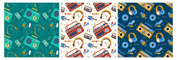 Set of Radio Seamless Pattern Illustration Design with Player for Record and Listening to Music in Flat Cartoon Template vector