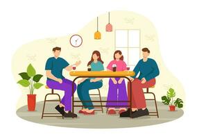 Double Date Vector Illustration with Two Couples who were Eating and Drinking Together in a Restaurant in Flat Cartoon Background Design