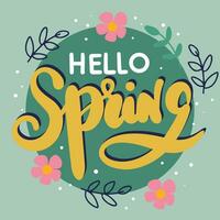 Hello Spring text banner. Handwriting inscription, Hello Spring color square composition. Hand drawn vector art