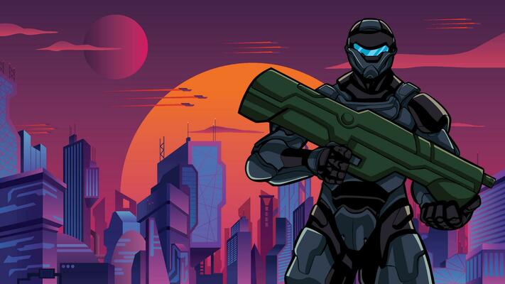 Futuristic Soldier in City Close-up