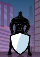 Superhero Holding Shield in City Vertical vector