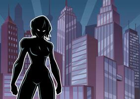 Superheroine Battle Mode City Silhouette vector