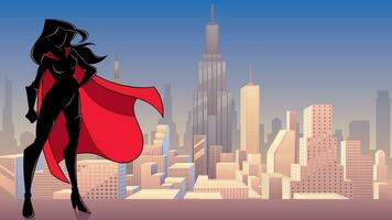 Superheroine Standing Tall City Silhouette vector