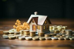 AI generated Home investment Money and house model on wooden background, finance photo