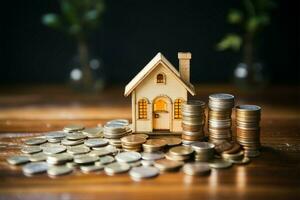 AI generated Home investment Money and house model on wooden background, finance photo