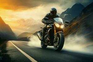AI generated Scenic ride Biker on the road in the mountains at sunset photo