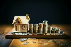 AI generated Financial stability Money and house model on wooden background graphic photo