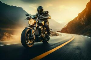 ai generado crepúsculo aventuras motocicleta jinete en el la carretera en montañoso terreno foto